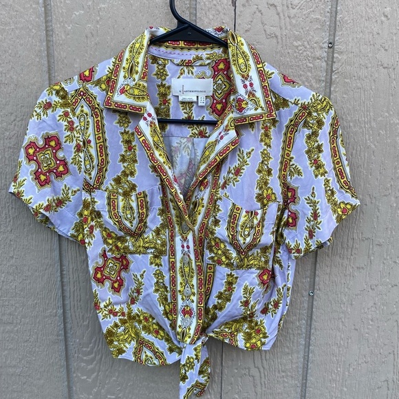 Anthropologie Echarpe Cropped Blouse French Brocade Pattern Blue Red Yellow Sz 0 - Picture 2 of 6